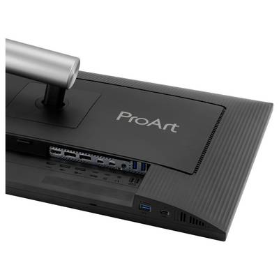 Rückansicht eines ProArt-Monitors mit Ständer, Lüftungsschlitzen und seitlichen/rückwärtigen Anschlüssen einschließlich USB-, HDMI- und USB-C-Verbindungen.