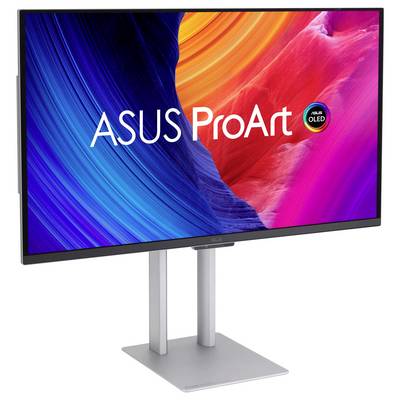 ASUS ProArt OLED-Monitor mit farbenfroher abstrakter Anzeige auf silbernem Ständer und Sockel, in Schrägansicht dargestellt.