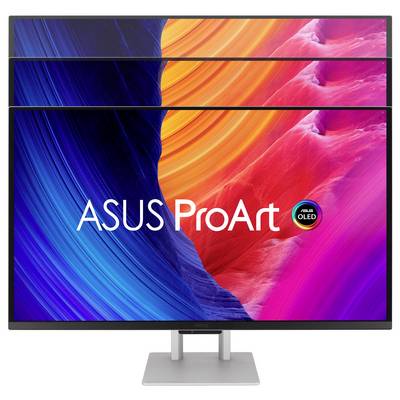 ASUS ProArt OLED-Monitor mit einer lebendigen blau, orange und rosa abstrakten Anzeige und dual horizontal gestapelten Panels über einem Ständer.