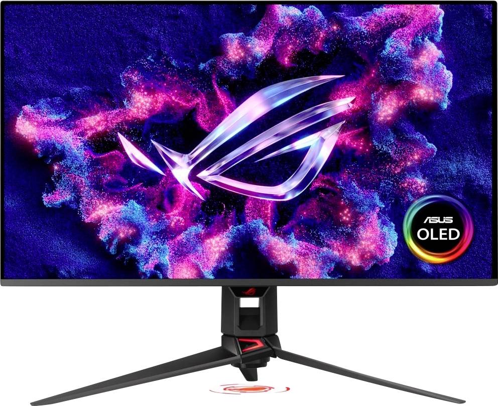 ASUS ROG OLED-Gaming-Monitor auf einem Ständer, der ein neon-rosa und blaues ROG-Logo auf dem Bildschirm anzeigt.