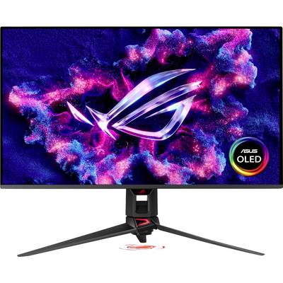 ASUS ROG OLED-Gaming-Monitor auf einem Ständer, der ein neon-rosa und blaues ROG-Logo auf dem Bildschirm anzeigt.