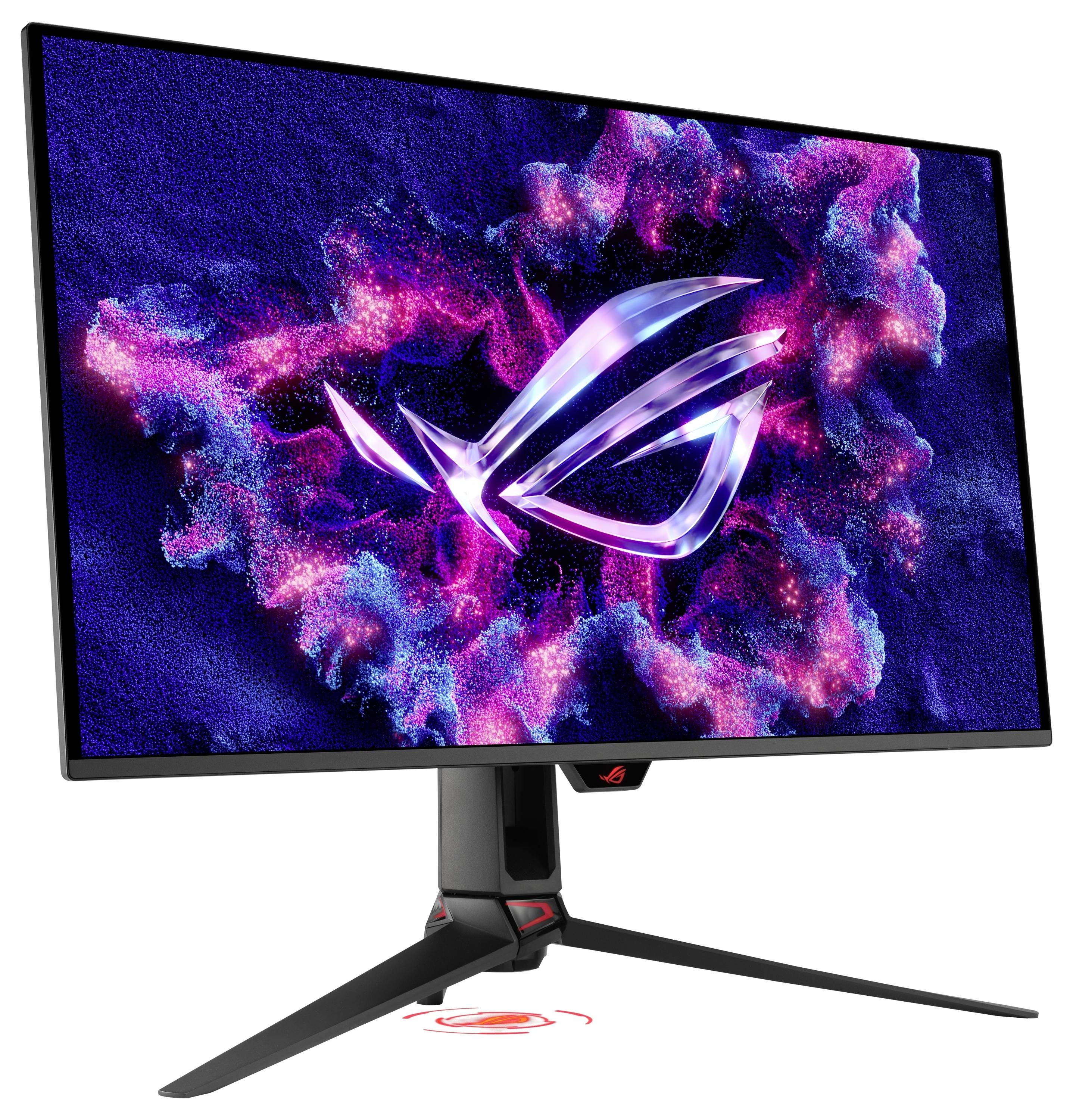Gaming-Monitor mit ROG-Logo auf abstraktem rosa-blauem Hintergrund, auf schwarzem Ständer mit drei Beinen.