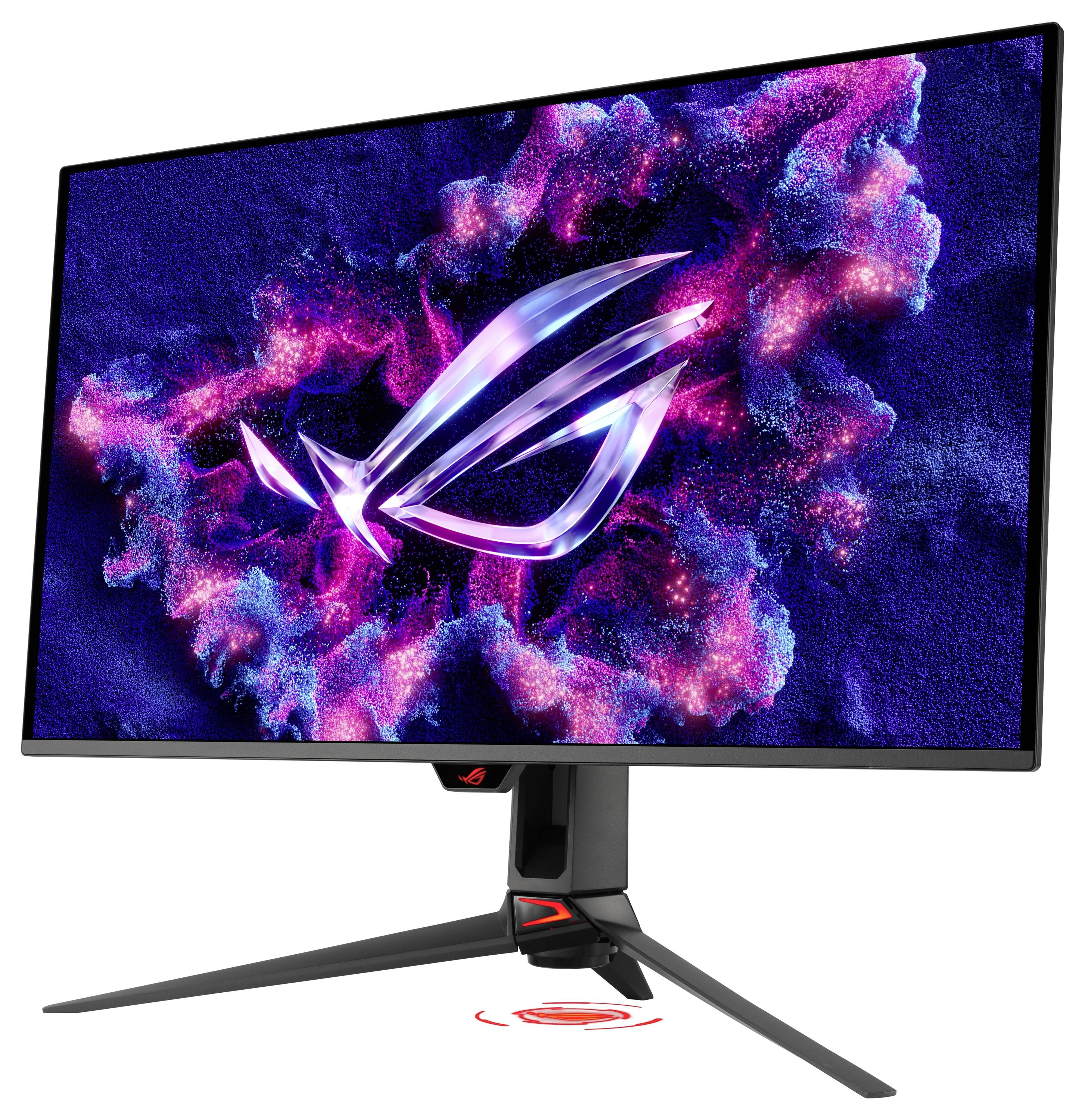 Gaming-Monitor mit einem farbenfrohem ROG-Logo-Hintergrundbild, gezeigt auf einem schwarzen Ständer mit drei Beinen.
