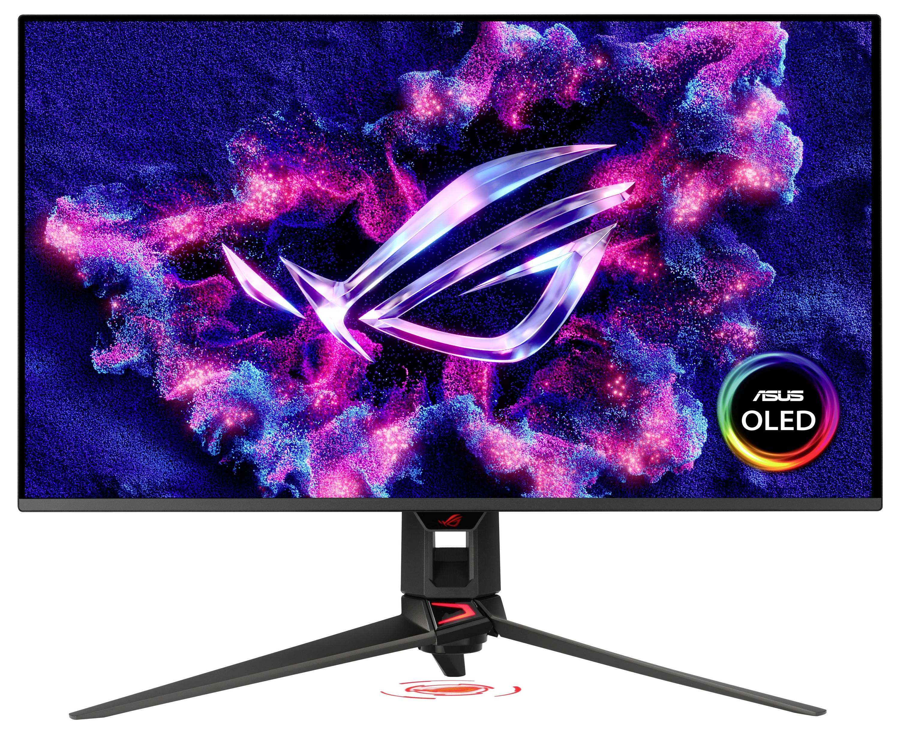 ASUS ROG OLED Gaming-Monitor mit RGB-Nebel-Hintergrundbild und ROG-Logo, dargestellt auf einem dreibeinigen Ständer.
