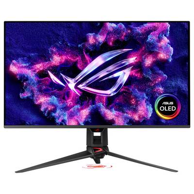 ASUS ROG OLED Gaming-Monitor mit RGB-Nebel-Hintergrundbild und ROG-Logo, dargestellt auf einem dreibeinigen Ständer.