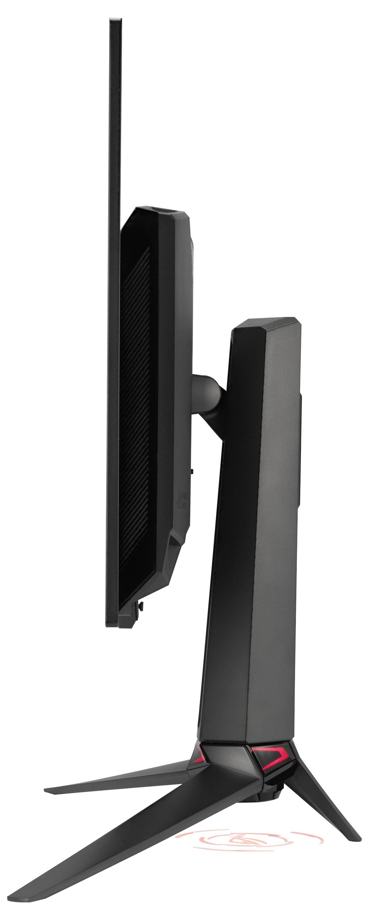 Seitenansicht eines schwarzen Desktop-Monitors auf einem Ständer mit drei abgewinkelten Beinen, der ein schlankes Profil und rote Akzente in der Nähe der Basis zeigt.