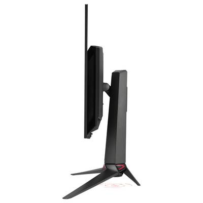 Seitenansicht eines schwarzen Desktop-Monitors auf einem Ständer mit drei abgewinkelten Beinen, der ein schlankes Profil und rote Akzente in der Nähe der Basis zeigt.