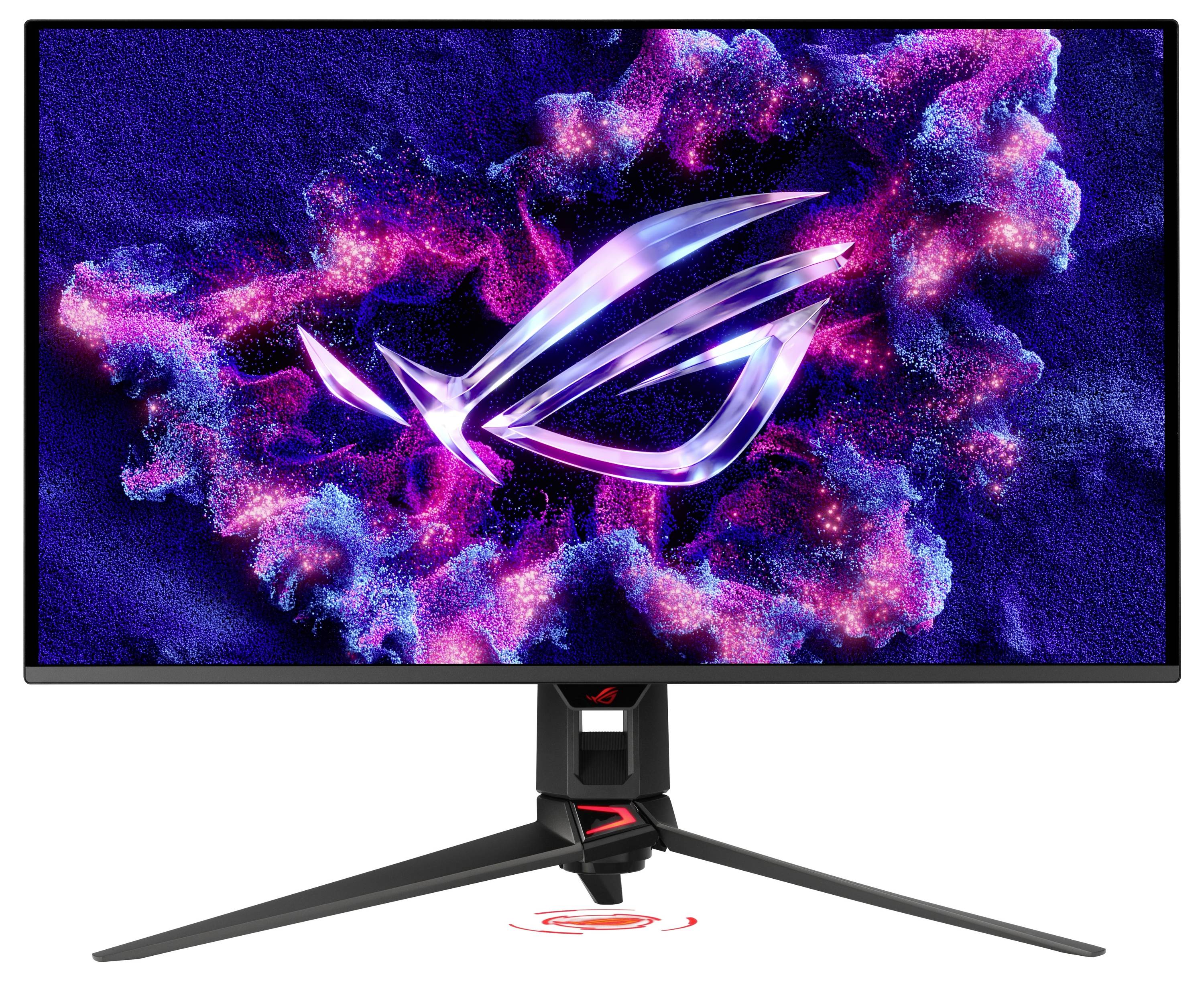Gaming-Monitor mit dem Logo der Republic of Gamers auf einem Neon-Pink und Blau kosmischen Hintergrund, auf einem Ständer mit drei Beinen angezeigt.
