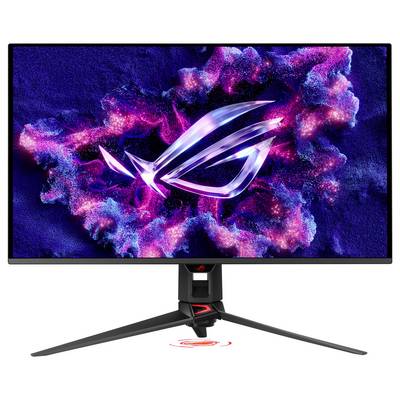 Gaming-Monitor mit dem Logo der Republic of Gamers auf einem Neon-Pink und Blau kosmischen Hintergrund, auf einem Ständer mit drei Beinen angezeigt.