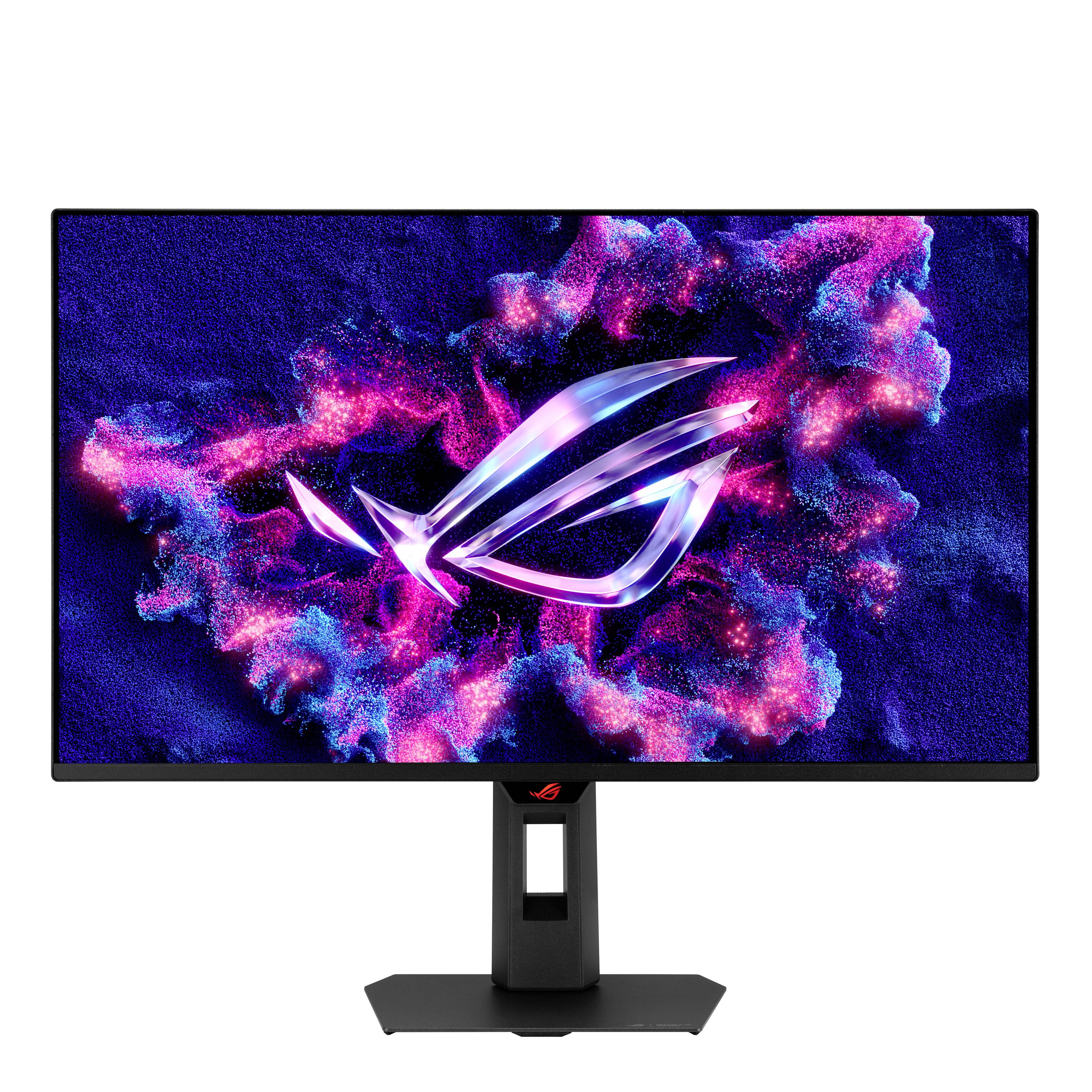 Gaming-Monitor mit dem ROG-Logo, das über einem blauen und rosa nebelartigen abstrakten Hintergrund angezeigt wird, auf einem schwarzen Ständer.