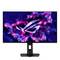 Gaming-Monitor mit dem ROG-Logo, das über einem blauen und rosa nebelartigen abstrakten Hintergrund angezeigt wird, auf einem schwarzen Ständer.