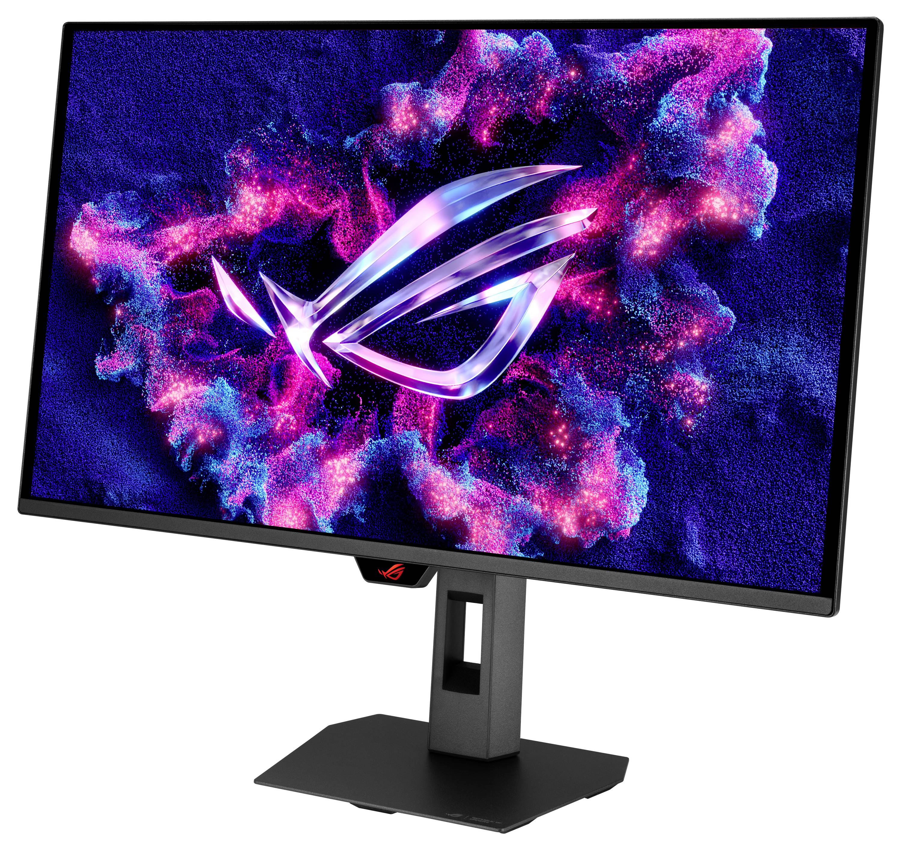Ein Gaming-Monitor im Breitbildformat auf einem Ständer zeigt das ROG-Logo über einem rosa und blauen kosmischen abstrakten Hintergrund an.