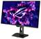 Ein Gaming-Monitor im Breitbildformat auf einem Ständer zeigt das ROG-Logo über einem rosa und blauen kosmischen abstrakten Hintergrund an.