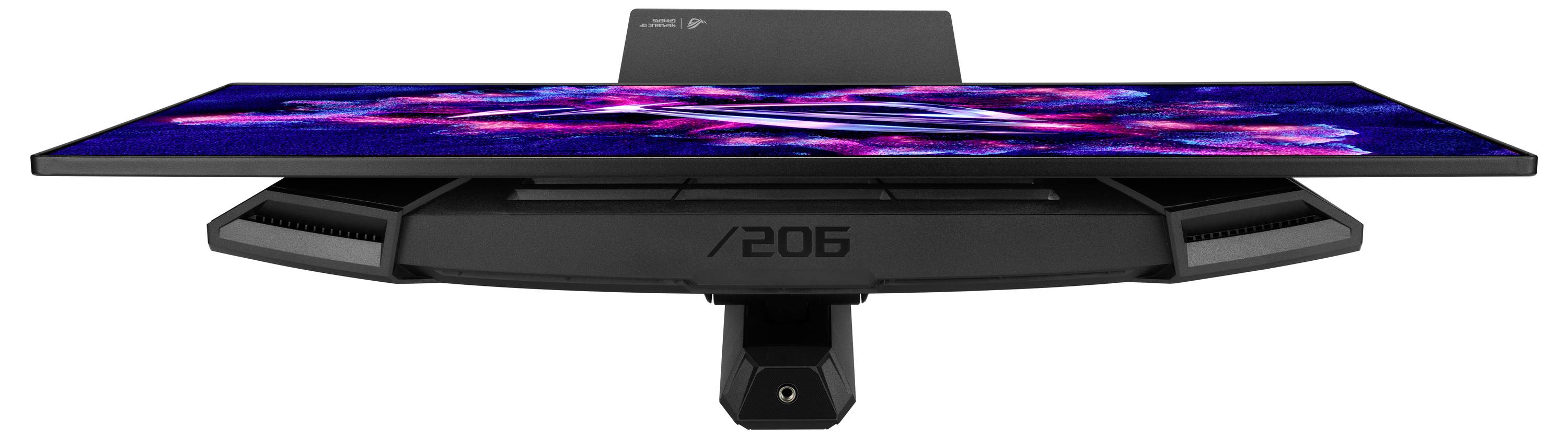 Seitenansicht eines gekrümmten Ultrawide-Monitors auf einem Ständer, der ein farbenfrohe abstrakte Anzeige und die Nummer „206" auf der Basis zeigt.