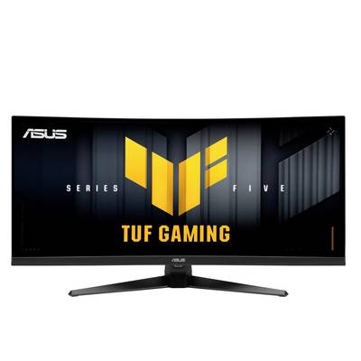 ASUS TUF Gaming Serie Fünf gekrümmter Monitor auf Ständer, mit schwarzem Bildschirm, der gelbes TUF-Logo und Branding zeigt.