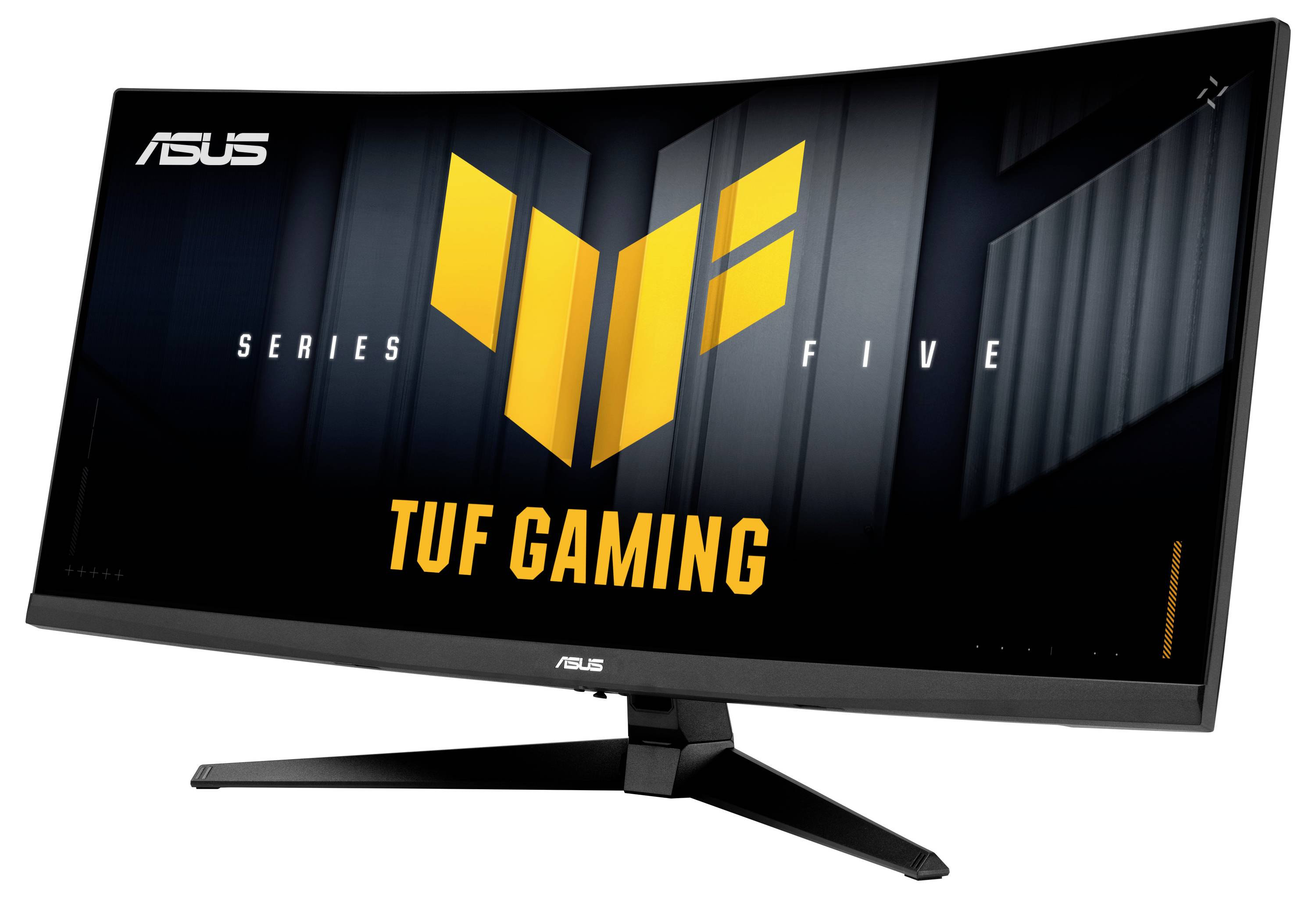 ASUS TUF Gaming Serie Fünf curved Monitor auf einem Ständer, Vorderansicht mit schwarzem Rahmen und Gaming-Logo auf dem Bildschirm.