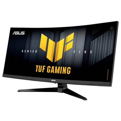 ASUS TUF Gaming Serie Fünf curved Monitor auf einem Ständer, Vorderansicht mit schwarzem Rahmen und Gaming-Logo auf dem Bildschirm.