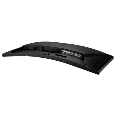 Rückansicht eines gekrümmten schwarzen Computermonitors mit sichtbaren HDMI- und anderen Anschlüssen auf der Rückseite.