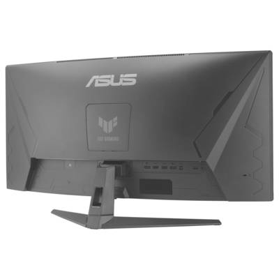 Rückansicht eines ASUS TUF Gaming-Monitors auf einem Ständer, der das Logo, das abgewinkelte Paneldesign und die rückwärtigen Anschlüsse zeigt.