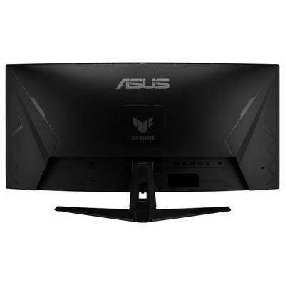 Rückansicht eines ASUS TUF Gaming-Monitors mit schwarzem kantigem Rücken, zentralem Ständer und sichtbaren hinteren Anschlüssen.