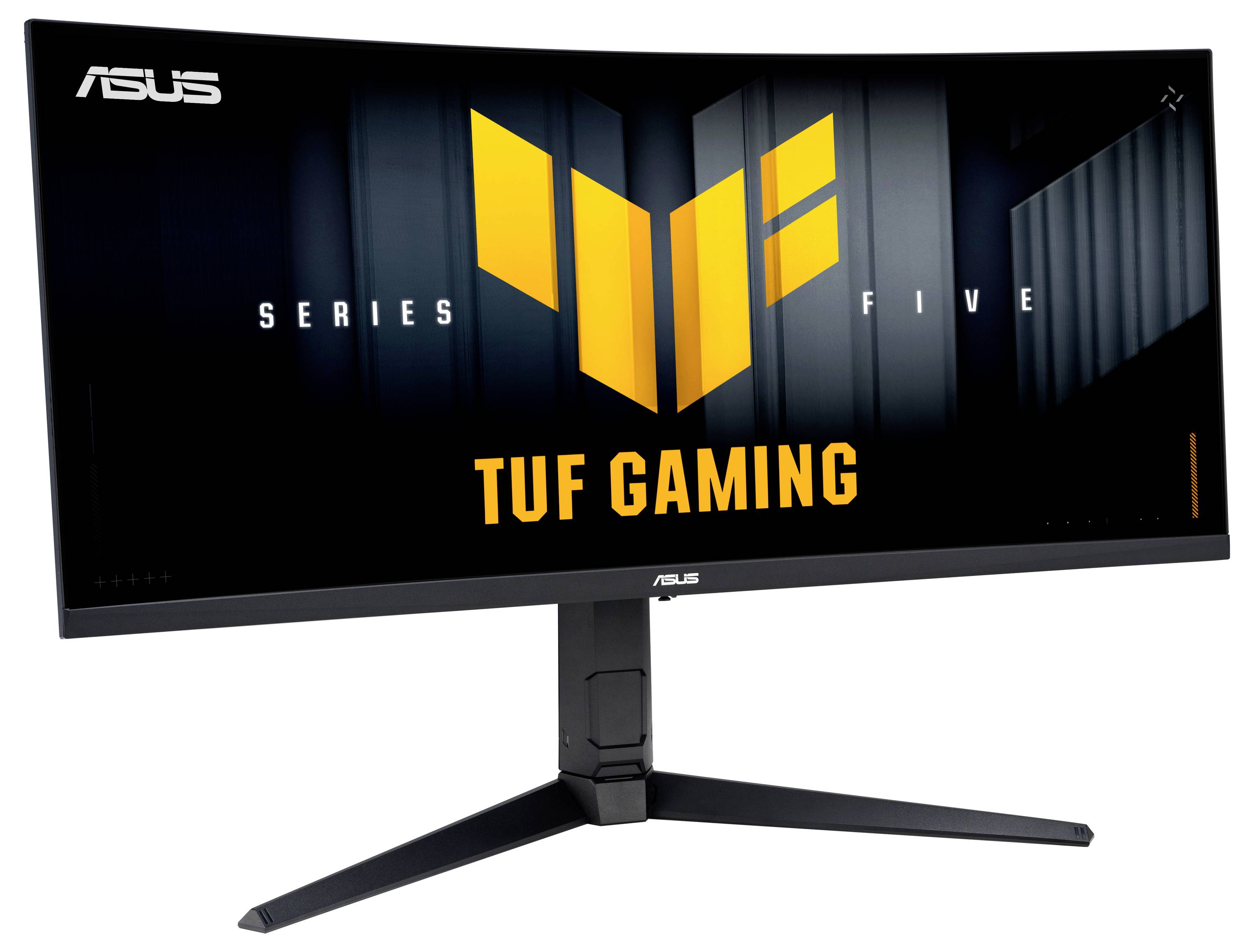 ASUS TUF Gaming Series Fünf gebogener Monitor auf einem Ständer, der das gelbe TUF-Logo und Text auf einem schwarzen Bildschirm anzeigt.