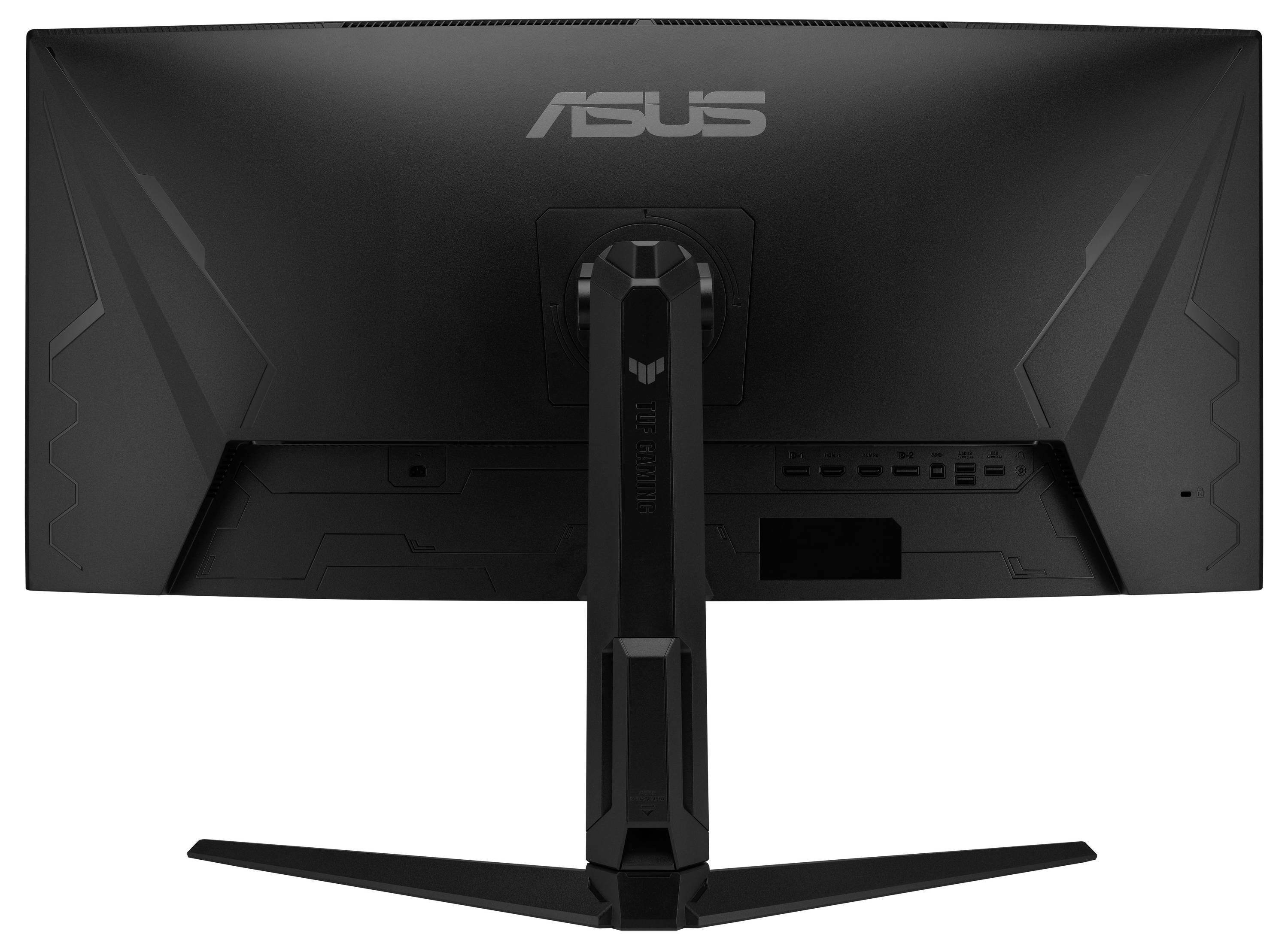 Rückansicht eines schwarzen ASUS-Monitors auf einem Ständer, die das Rückenpanel, die Anschlüsse und den Bereich der Kabelführung zeigt.