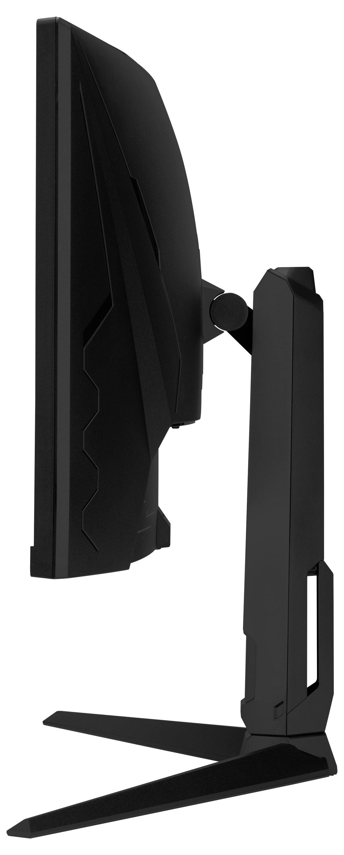 Seitenansicht eines schwarzen Gaming-Monitors auf einem Ständer, der die verstellbare hintere Halterung und die breite V-förmige Basis zeigt.
