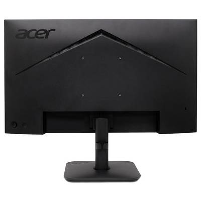 Rückansicht eines schwarzen Acer-Computermonitors auf einem Ständer, der die Rückseite, Montagelöcher und den Kabelbereich auf weißem Hintergrund zeigt.