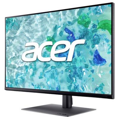 Acer Flachbildschirm-Monitor mit schwarzem Ständer, gezeigt auf weißem Hintergrund mit türkisfarbenem abstraktem Display und Acer-Logo auf dem Bildschirm.