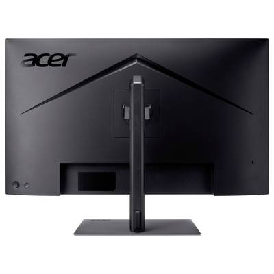Rückansicht eines Acer-Desktop-Monitors auf einem Ständer, die das Rückpanel, die zentrale Halterung und die Kabelöffnung zeigt.
