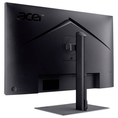 Rückansicht eines Acer-Desktop-Monitors auf einem Ständer, die das Rückenelement, die Kabelanschlüsse und das Logo zeigt.