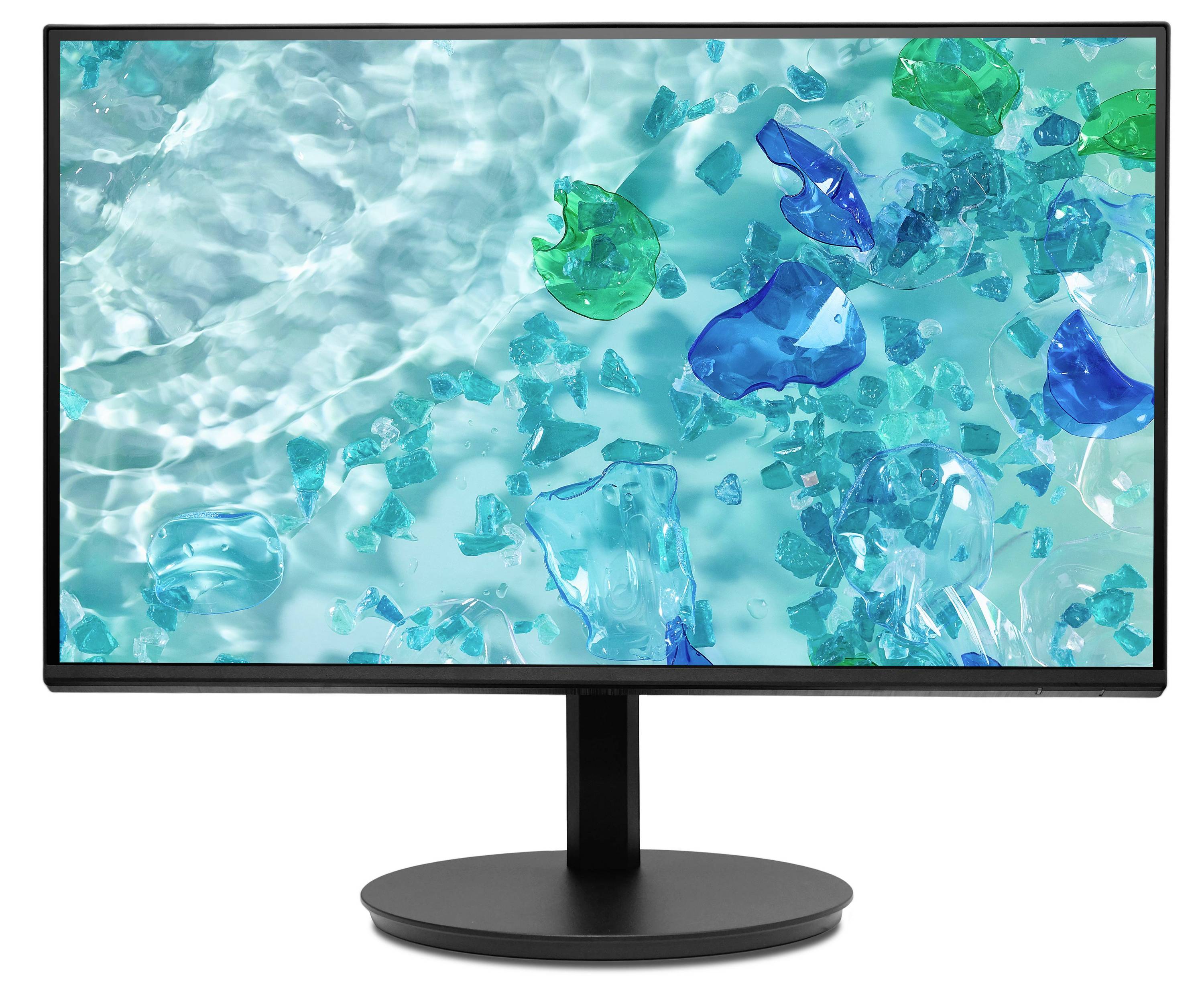Schwarzer Flachbildschirm-Computermonitor auf einem Ständer, der ein abstraktes Bild mit blauer und grüner Textur gegen einen weißen Hintergrund anzeigt.