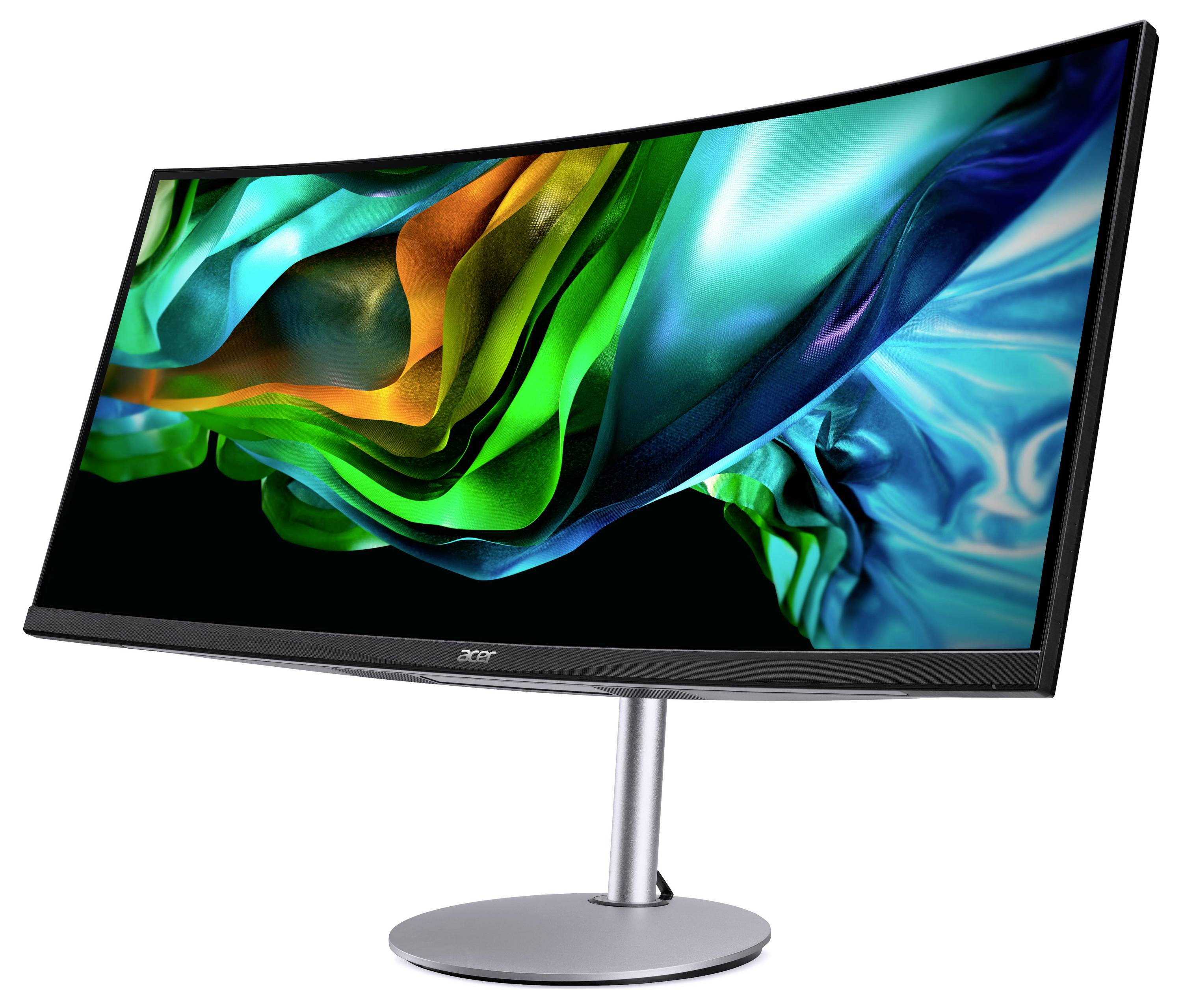 Ein gebogener Acer-Monitor auf einem silbernen Ständer zeigt ein farbenfrohes abstraktes Wirbelmuster in Grün, Blau und Orange auf einem schwarzen Bildschirm an.