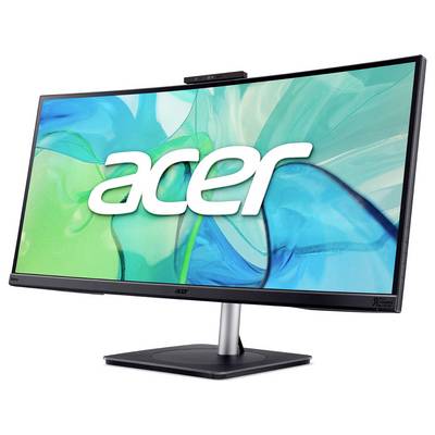 Acer-Desktop-Monitor mit großem Breitbildschirm, der das Acer-Logo auf einem blaugrünem abstraktem Hintergrund zeigt, auf einem Ständer montiert mit einer Webcam oben drauf.