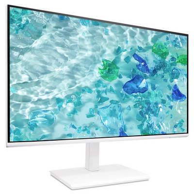 Weißer Monitor mit einem abstrakten, türkisfarbenem, wasserähnlichen Bild und blauen sowie grünen durchscheinenden Formen.
