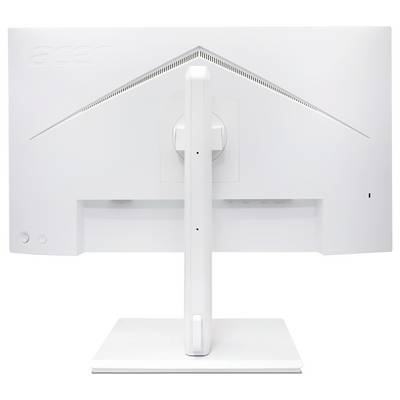 Rückansicht eines weißen Acer-Monitors auf einem rechteckigen Ständer, der die zentrale Stütze und die Kabelöffnung zeigt.