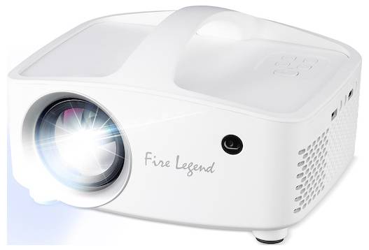Weißer Multimedia-Projektor mit der Bezeichnung „Fire Legend" mit leuchtender Linse und seitlichen Lüftungsöffnungen auf einfachem Hintergrund