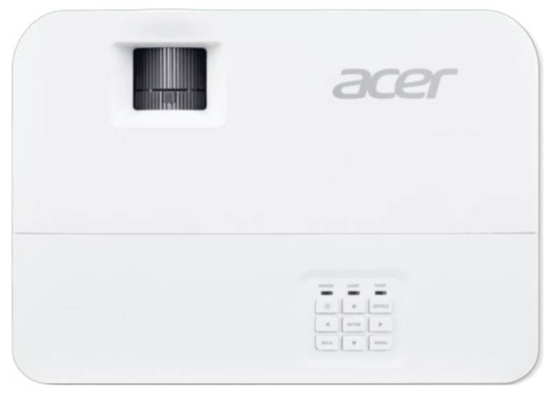 Weißer Acer-Projektor mit Objektiv oben links und Steuertasten in der Nähe der unteren Mittelmitte.