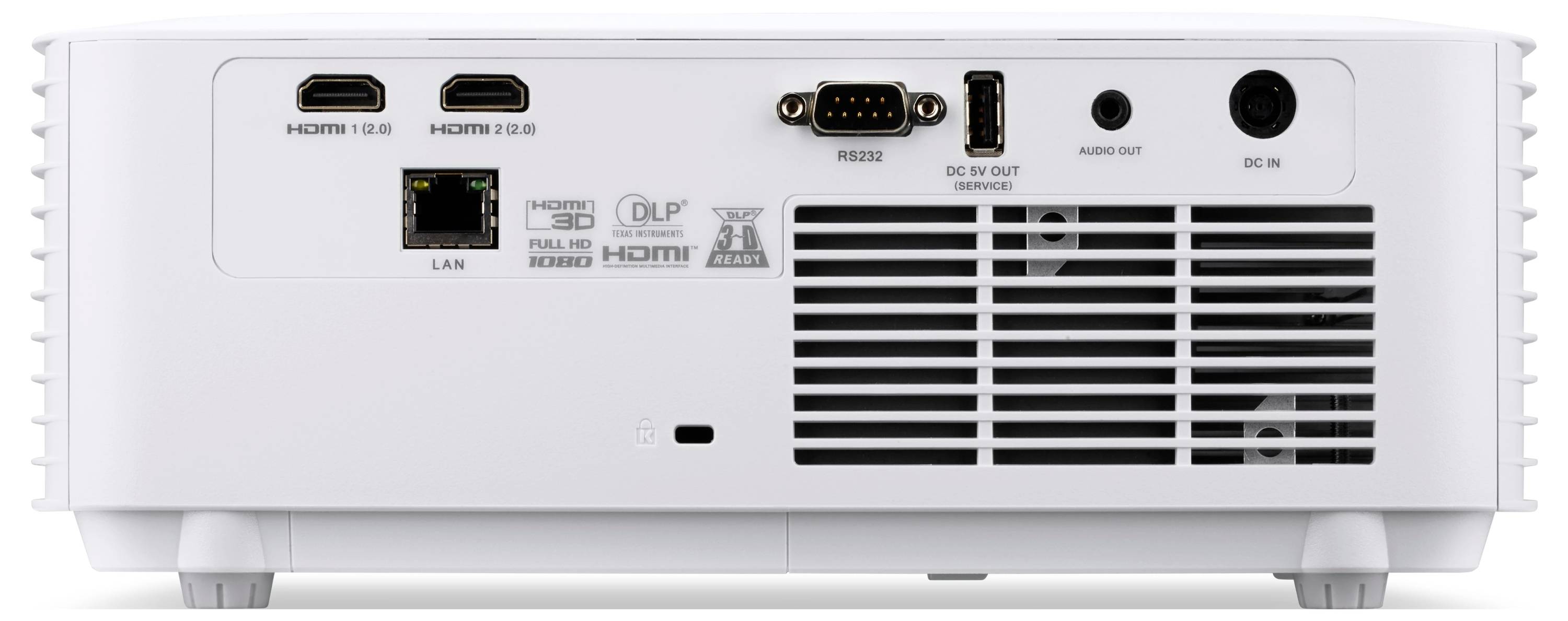 Rückansicht eines weißen Projektors mit Anschlussanschlüssen: HDMI, LAN, RS-232C, DC 5V OUT, AUDIO OUT und AC IN, sowie Lüftungsgitter.