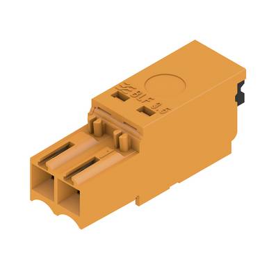 Orange-Kunststoff-Elektrostecker-Komponente, isoliert auf weißem Hintergrund, in schräger 3D-Ansicht dargestellt.