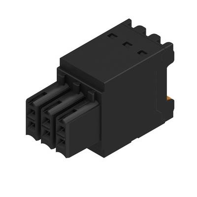 Schwarzer rechteckiger elektrischer Stecker mit drei vorderen Anschlüssen und seitlichen Verschlusslasch en auf weißem Hintergrund