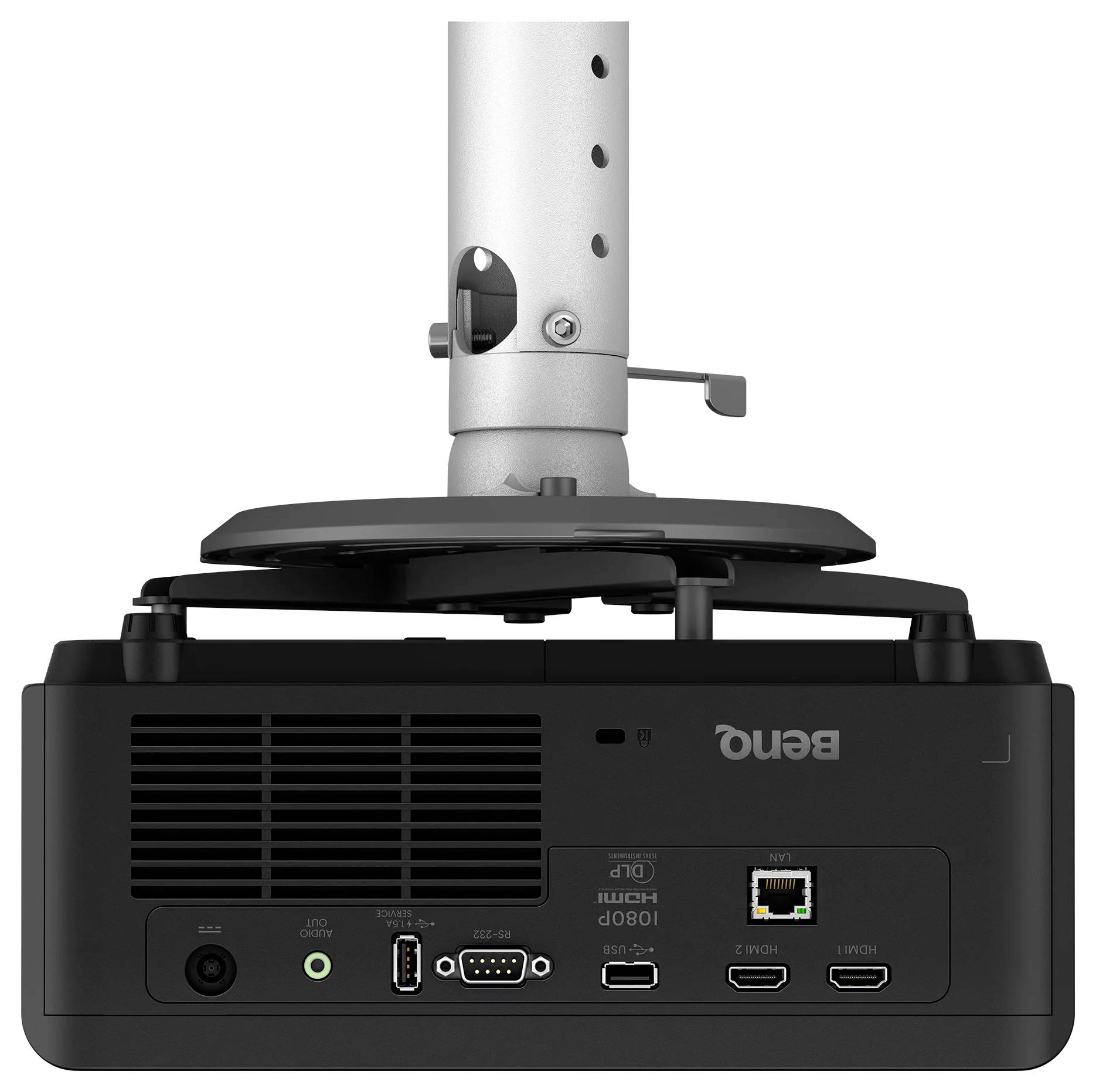 Rückansicht eines an einer Deckenhalterung montierten BenQ-Projektors mit Lüftungsgittern und Eingängen einschließlich USB, HDMI und LAN.