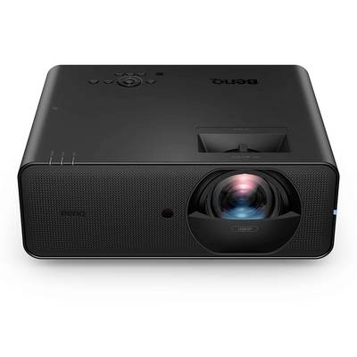 Schwarzer BenQ-Projektor mit Objektiv an der Vorderseite, von oben auf weißem Hintergrund abgebildet.