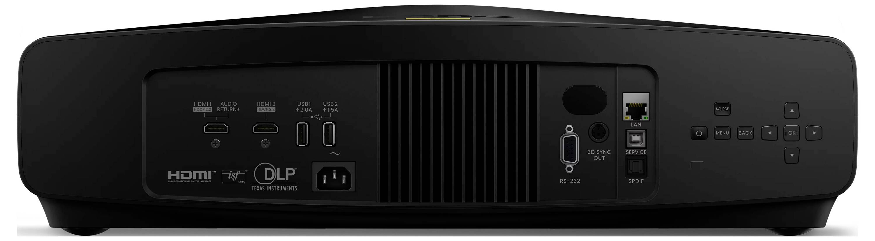 Schwarze Projektorvorderseite mit HDMI, USB, VGA und Steuertasten, gezeigt auf weißem Hintergrund.