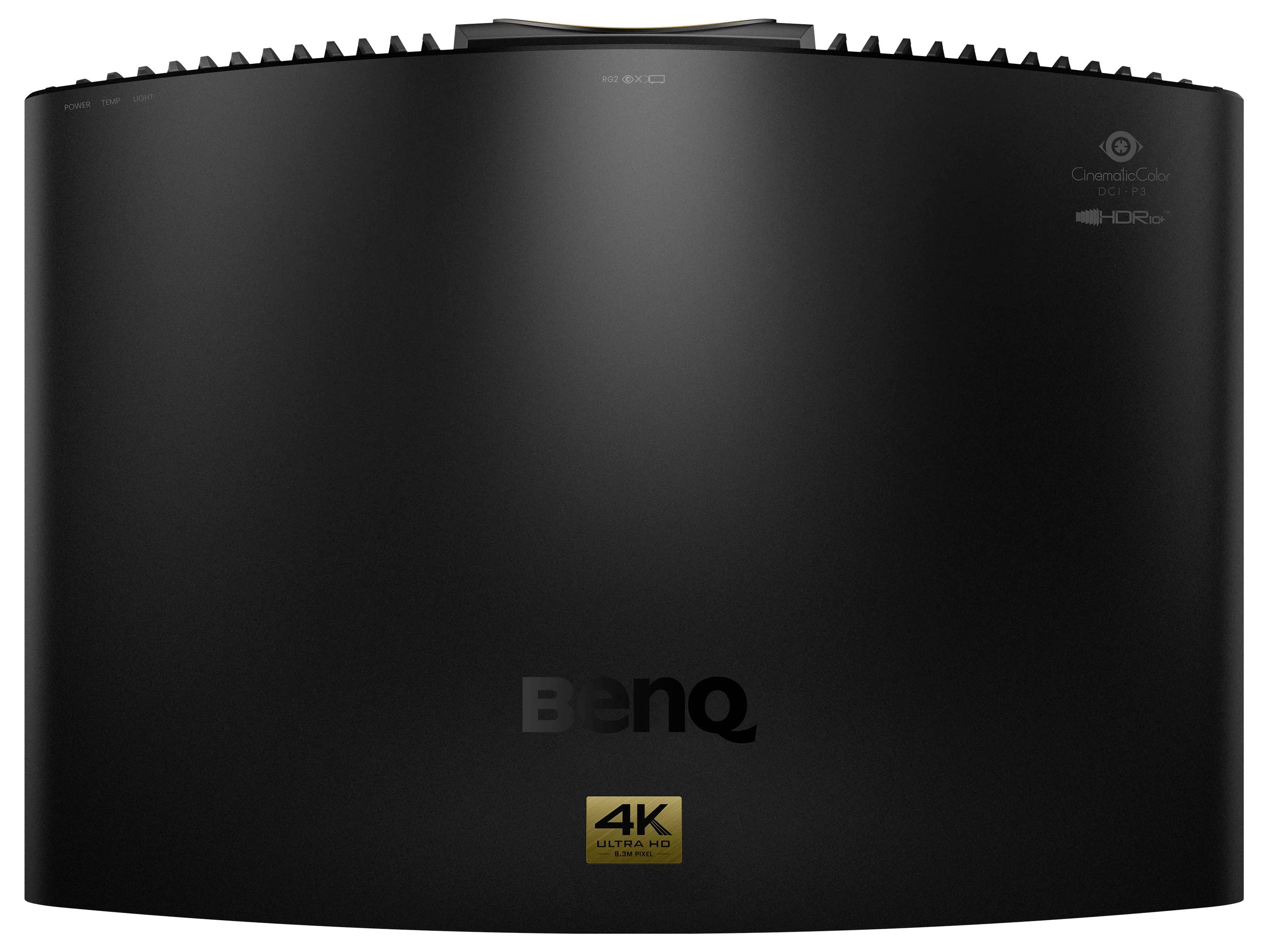 Schwarzer BenQ 4K-Projektor oder Heimkino-Gerät Vorderansicht mit gekrümmtem glänzendem Panel und kleinen Statusbezeichnungen.