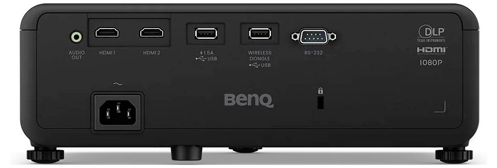 Rückansicht eines BenQ DLP-Projektors mit Anschlussanschlüssen: Audioausgang, zwei HDMI-Eingänge, USB, drahtloses Dongle, RS-232 und Stromversorgung.