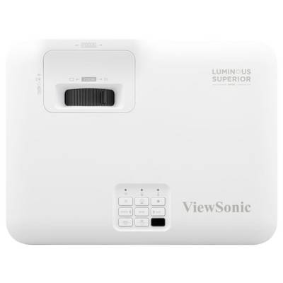 Draufsicht eines weißen ViewSonic-Projektors mit Objektiv, Steuertasten und sichtbarem "LUMINOUS SUPERIOR"-Branding.