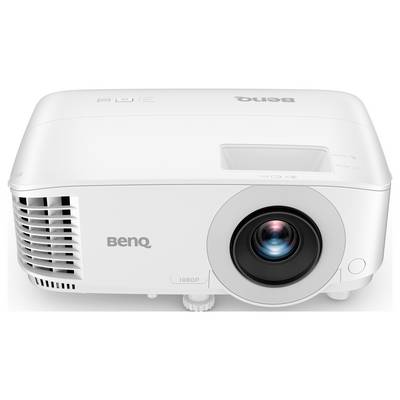 Weißer BenQ-Projektor von vorne gezeigt mit Linse auf der rechten Seite und Lüftungsgitter auf der linken Seite.
