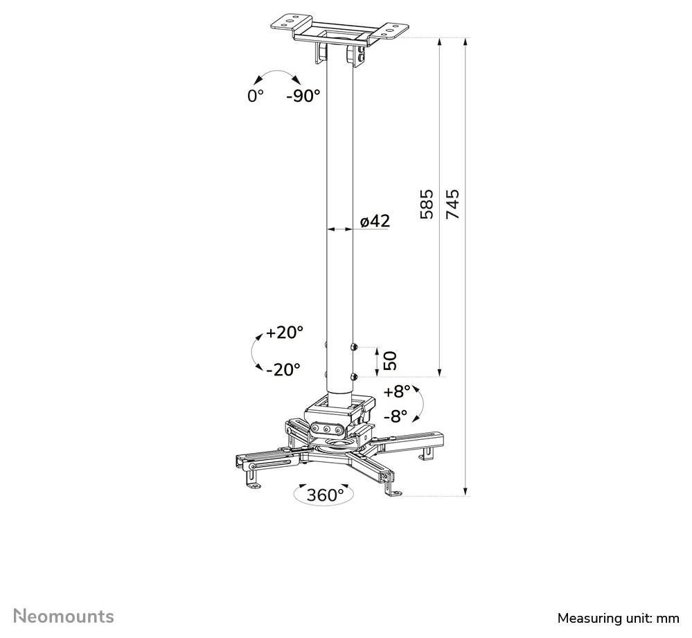 Technisches Diagramm einer Deckenprojektor-Halterung mit verstellbaren Winkeln, 360°-Drehung und Abmessungen in mm, einschließlich 745 mm Gesamthöhe und 42 mm Polendurchmesser.