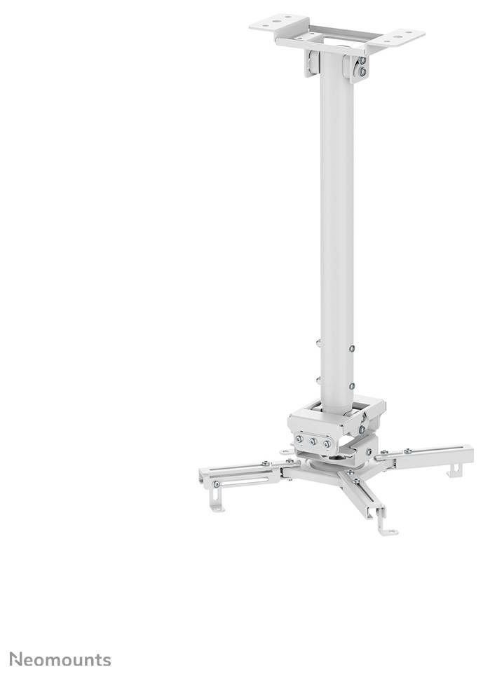 Verstellbare weiße Deckenhalterung für Projektoren mit langem Stab und Multi-Arm-Halterung, dargestellt vor einfachem Hintergrund.